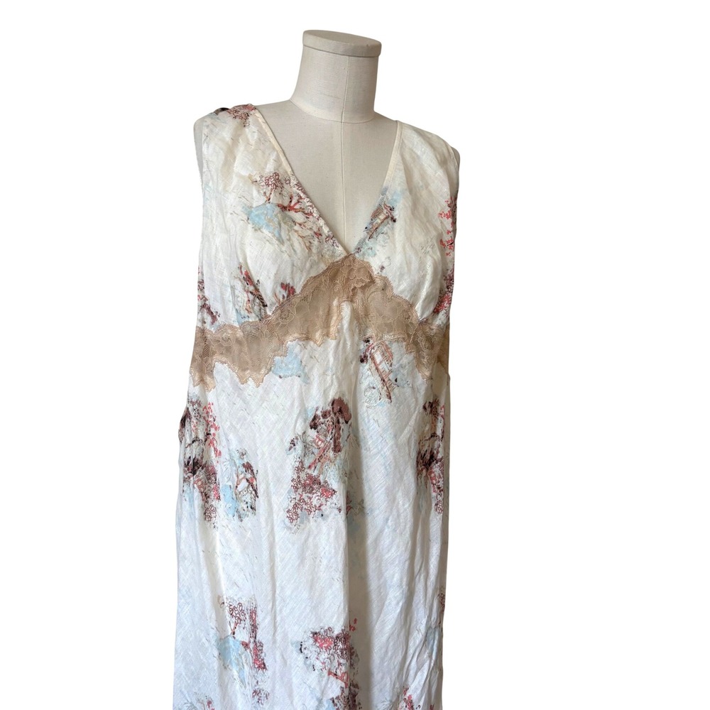 Soma Intimates 100% Linen Floral Toile Lace Trim Maxi Nightgown Sleep Dress NWT